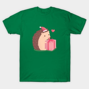 Cute Little Hedgehog With Christmas Present T-Shirt